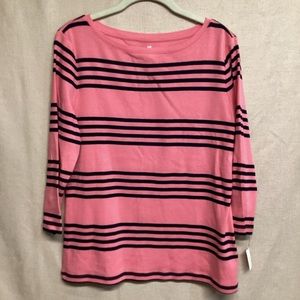 Talbots Boat Neck 3/4 Sleeve Coral & Navy Striped Nautical Top